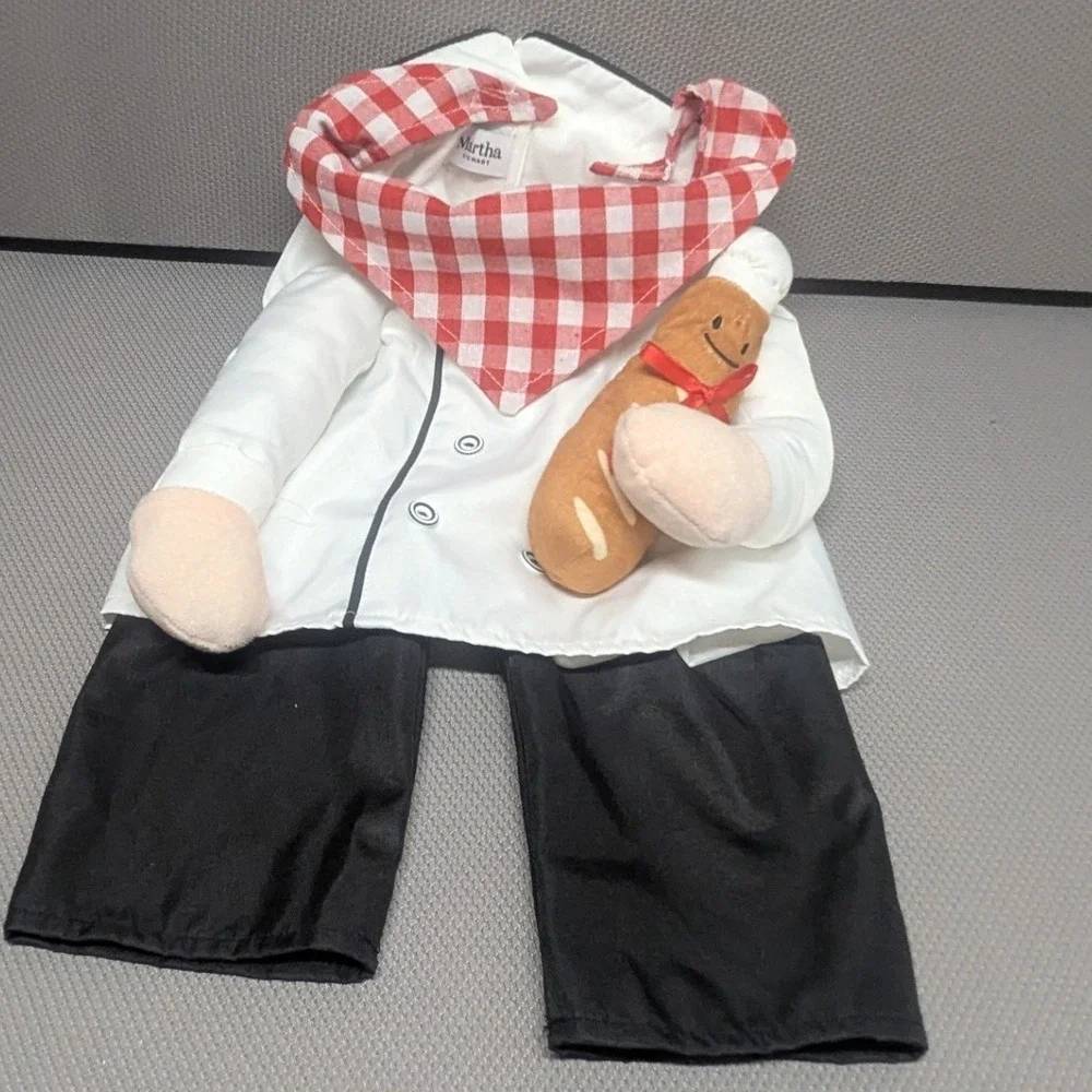 Martha Stewart French Chef Pet Costume White Coat Gingham Scarf Baguette-L